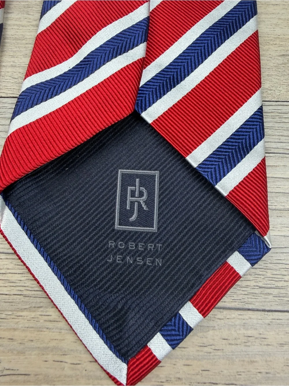 Robert Jensen 100% Silk Tie Red, White and Blue Striped Made in Italy 58